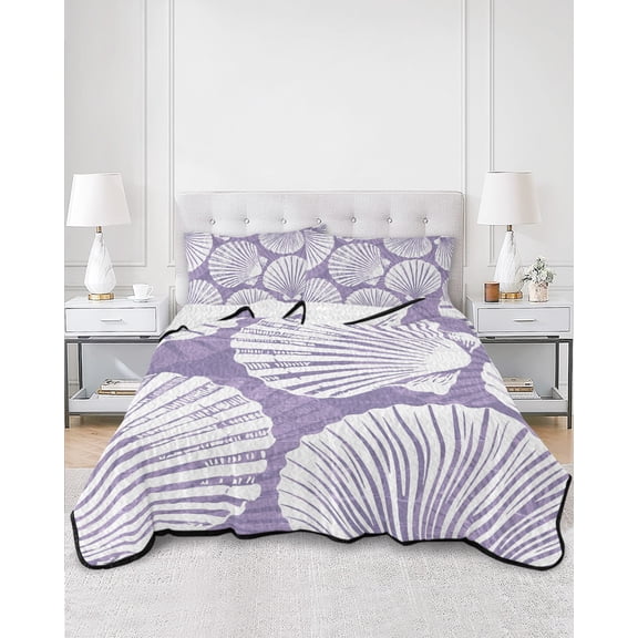 Quilts King Size, Purple Scallop Coastal Soft Comforter Bedding Set for Bed, Summer Beach Nautical Lightweight Quilted Bedspread with Pillow Cover(2 Pieces) for All Season, 96x106 Inch