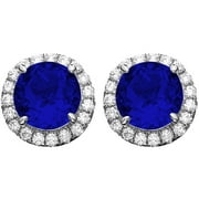 Platinum-Plated Sterling Silver Round-Cut Blue Obsidian Pave CZ Earrings