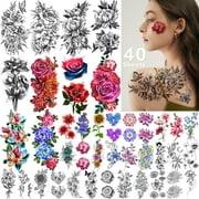 Yazhiji 40 Sheets Large Color Rose  Flower Temporary Tattoos  long Lasting Tattoos Fake Waterproof Tattoo Stickers for Women or Girls