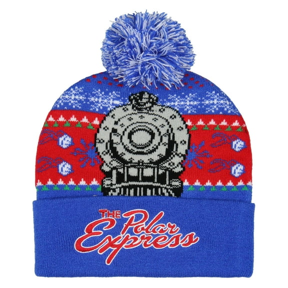 The Polar Express Beanie Men's Locomotive Fair Isle Design Embroidered Logo Fold Cuff Top Pom Beanie Hat