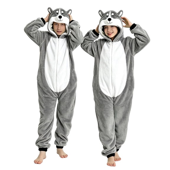 Generic Unisex Kids Husky Hooded Jumpsuit, Cozy Flannel Animal Onesie, Winter Party Playwear for Boys Girls