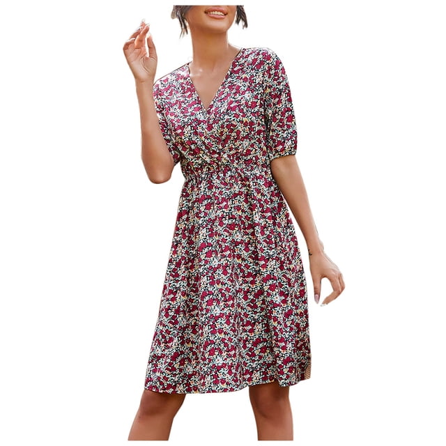 CEHVOM Robe Décontractée à Col en V pour Femmes, Patchwork Floral, Taille Unie, en Solde