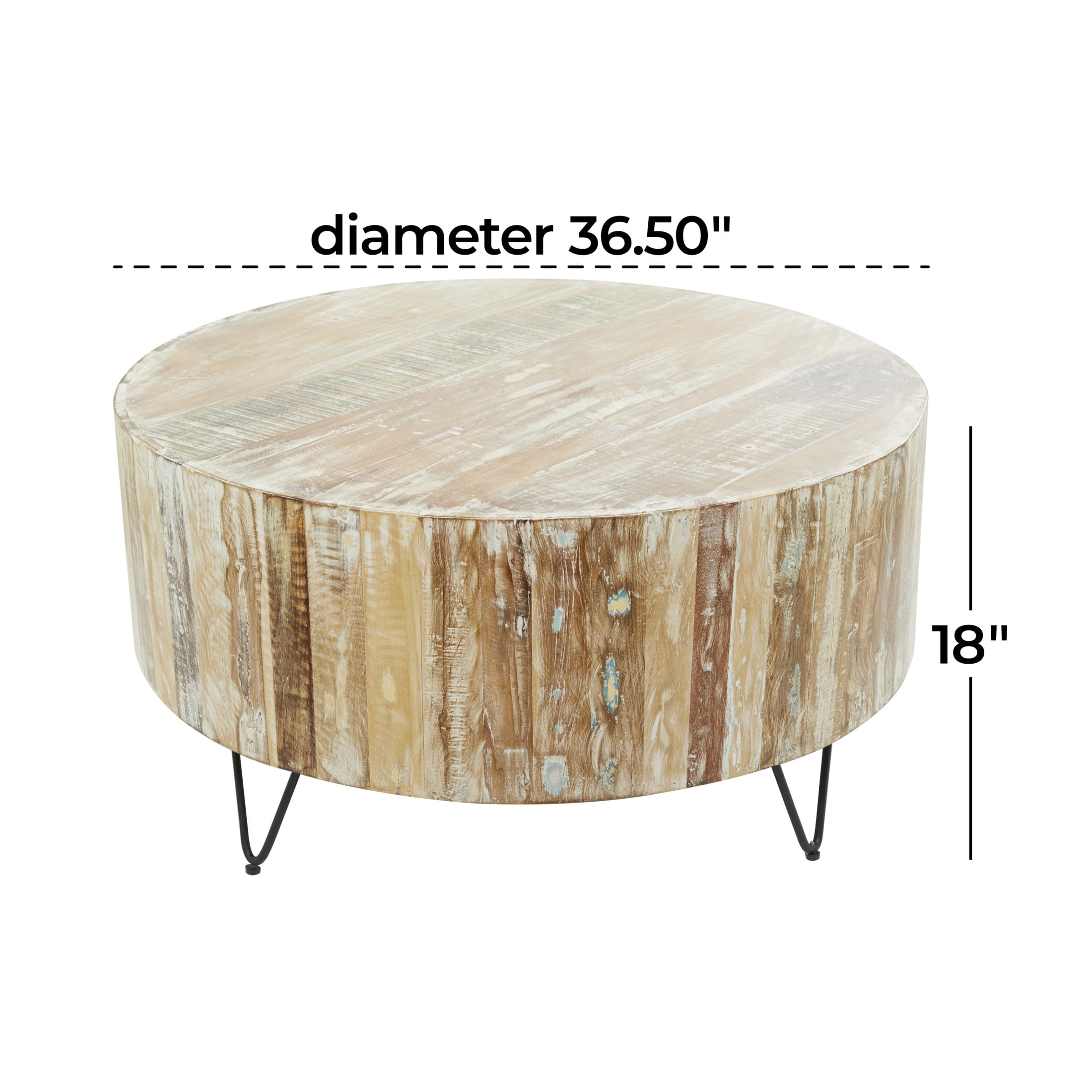 DecMode Rustic Wood Round Coffee Table with V Shaped Legs and Organic Brown/White Washed Finish , 37"W x 18"H