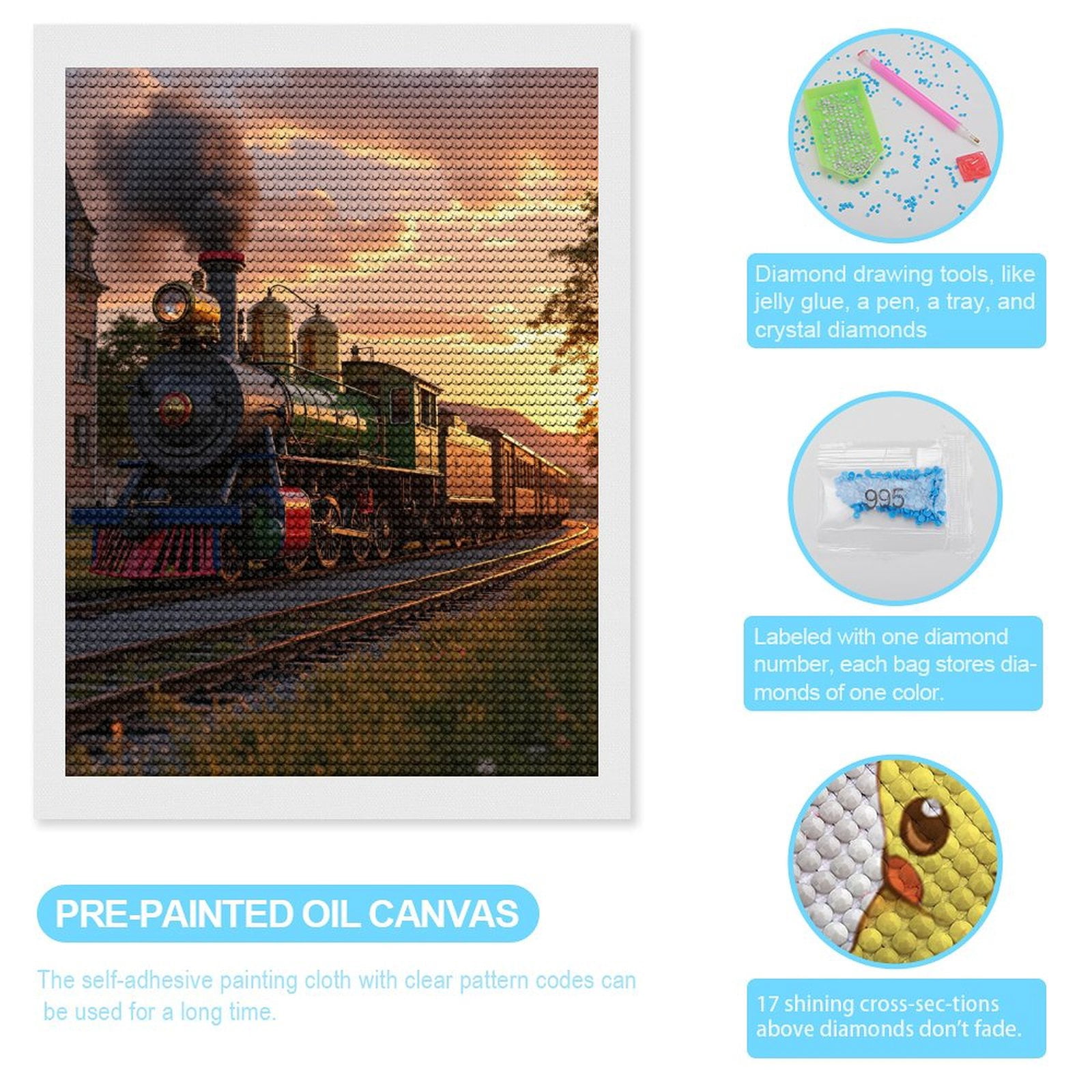 Diamond Art Kits for Adults, Train Sunset Railway Journey 5D Diamond Painting Kits for Adults Beginners, DIY Full Drill Diamond Painting, Gem Art and Crafts 12x16