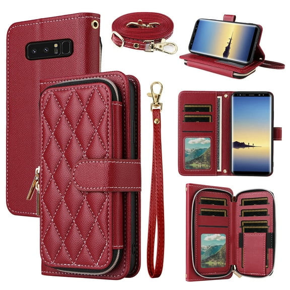 Dswteny Argyle Wallet Case for Samsung Galaxy Note 8 with Wrist Strap Shoulder Strap, Zipper Purse PU Leather Flip Credit Card Holder Stand Cell Phone Cover for Note8 Not S8 Gaxaly Women Girls Red