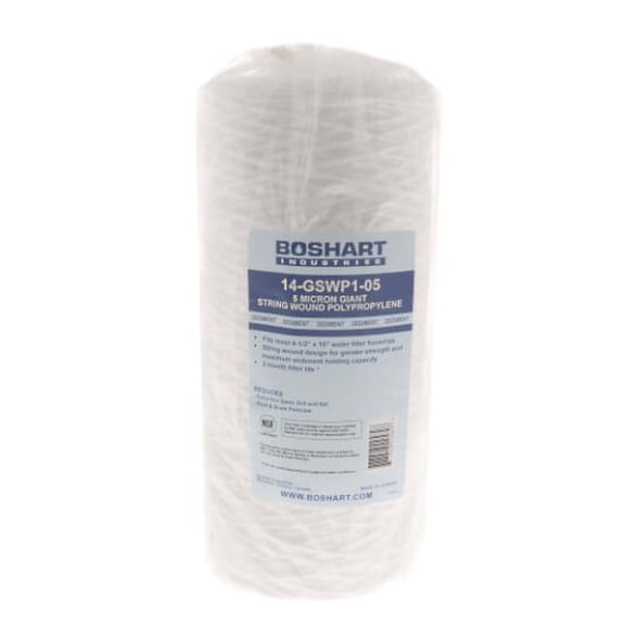 Boshart 14-GSWP1-50 String Wound Sediment Filter Cartridge, 4.5" x 10", 50 Micron, Polypropylene, Whole House Water Filter, 1 Pack