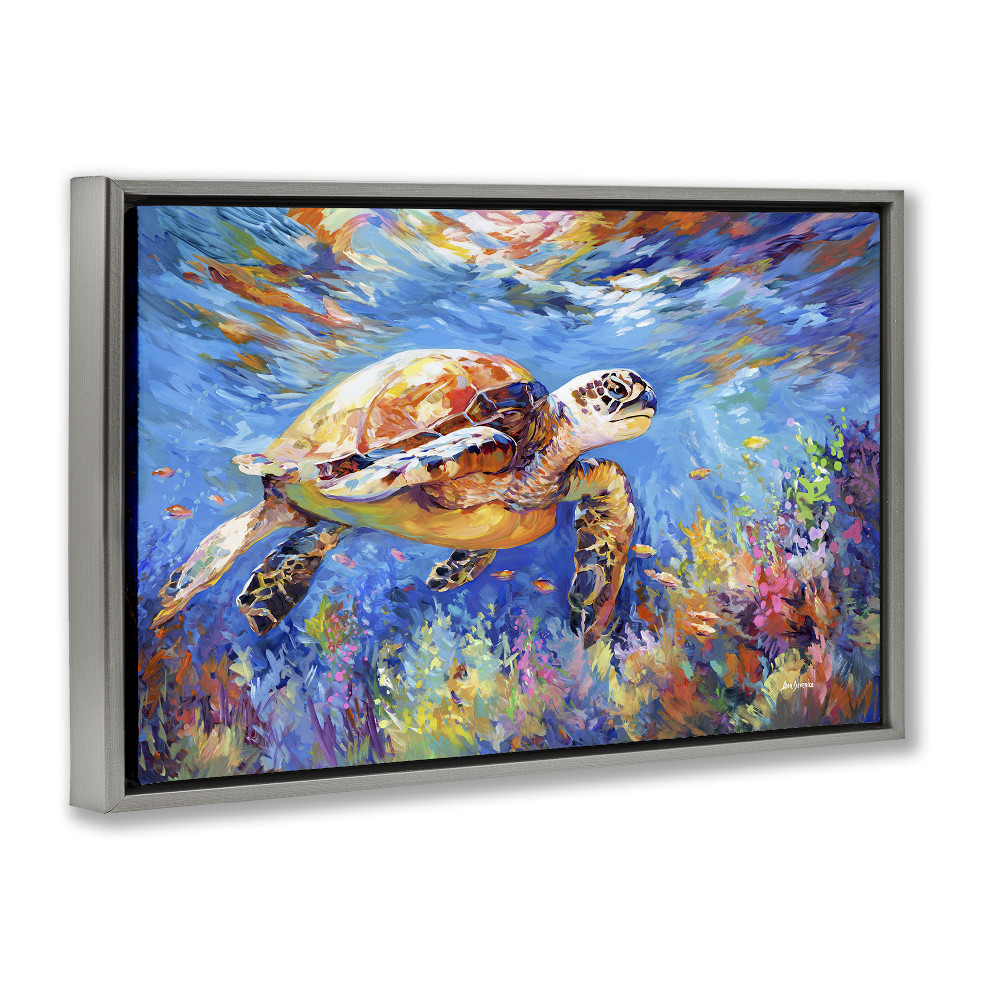 Stupell Industries Sea Turtle's Adventure Animals & Insects Painting Gray Floater Framed Canvas Art Print Wall Art, 31 x 21