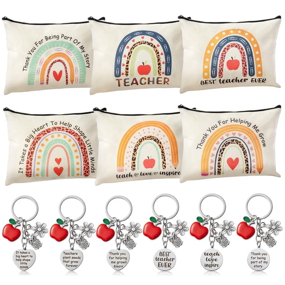 Laffact Boho Rainbow Canvas Cosmetic Bag with Keychain Set for Teacher Appreciate Birthday Party,6pcs