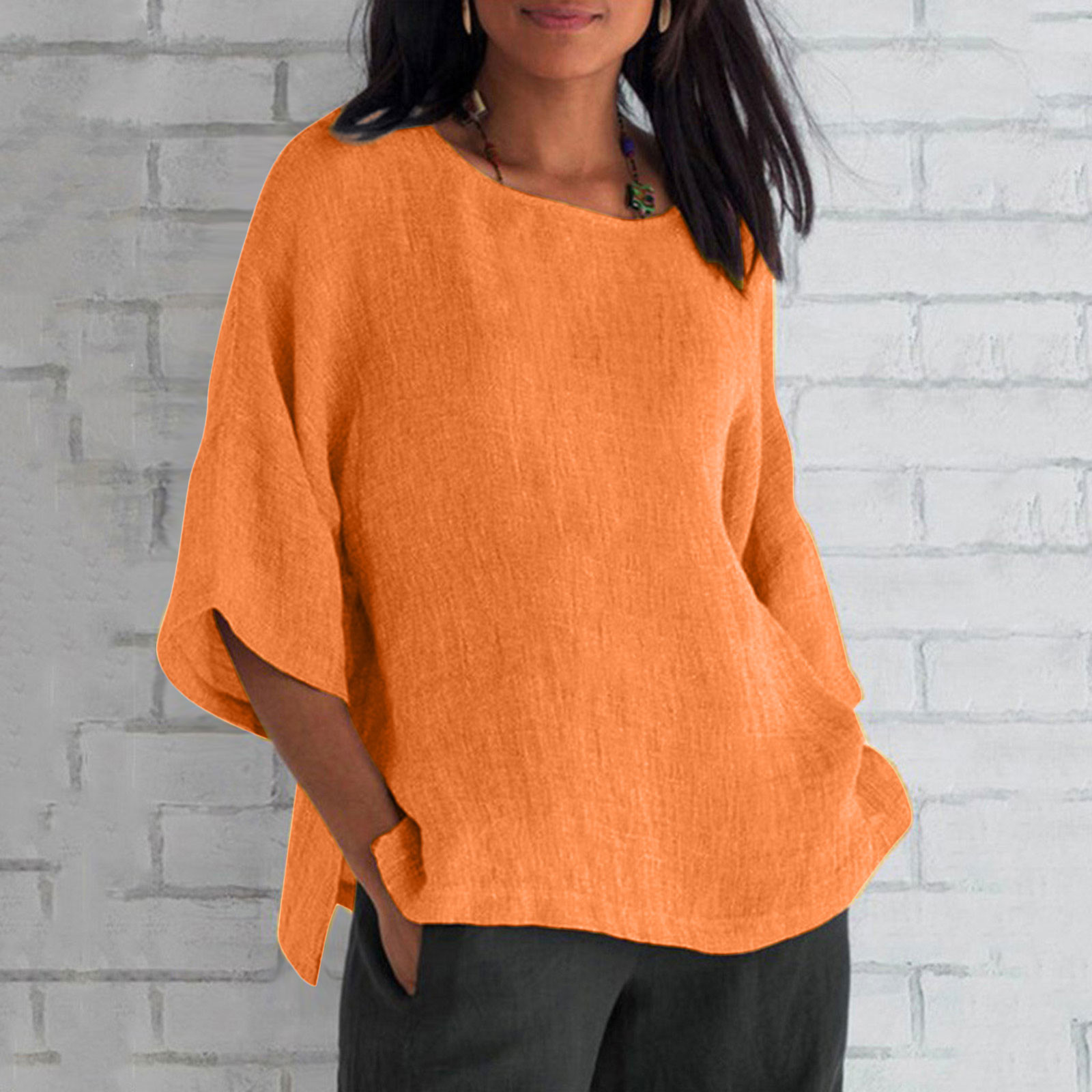 ATIXEL Women s Summer Fashion Cropped Sleeves Round Neck Cotton Line 