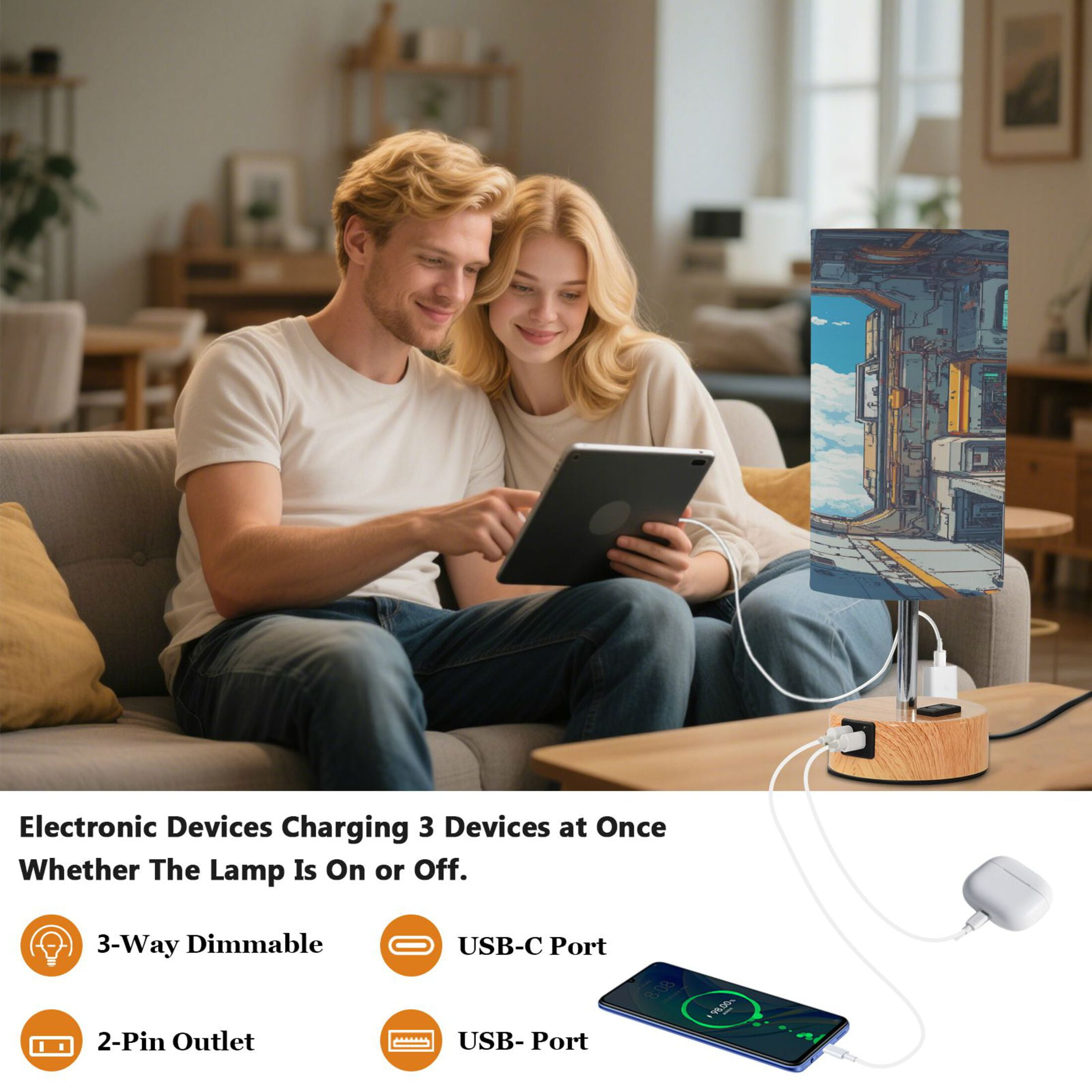 Touch-Control 3-Color Desk Lamp with Plug – Energy-Saving LED + 3 Simultaneous Charging Ports A Space Station