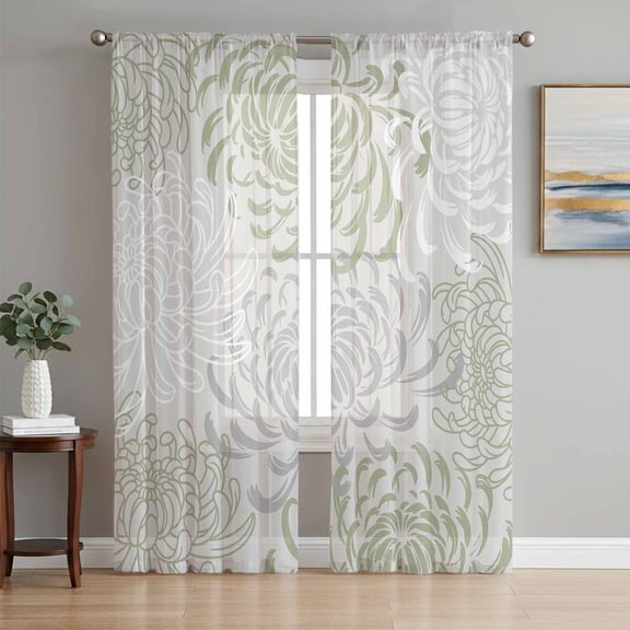 Sheer Curtains 63 Inch Length 2 Panels Set for Bedroom, Sage Green White Semi Sheer Curtains for Windows, Abstract Grey Chrysanthemum Flower Voile Window Treatments Rod Pocket Curtain