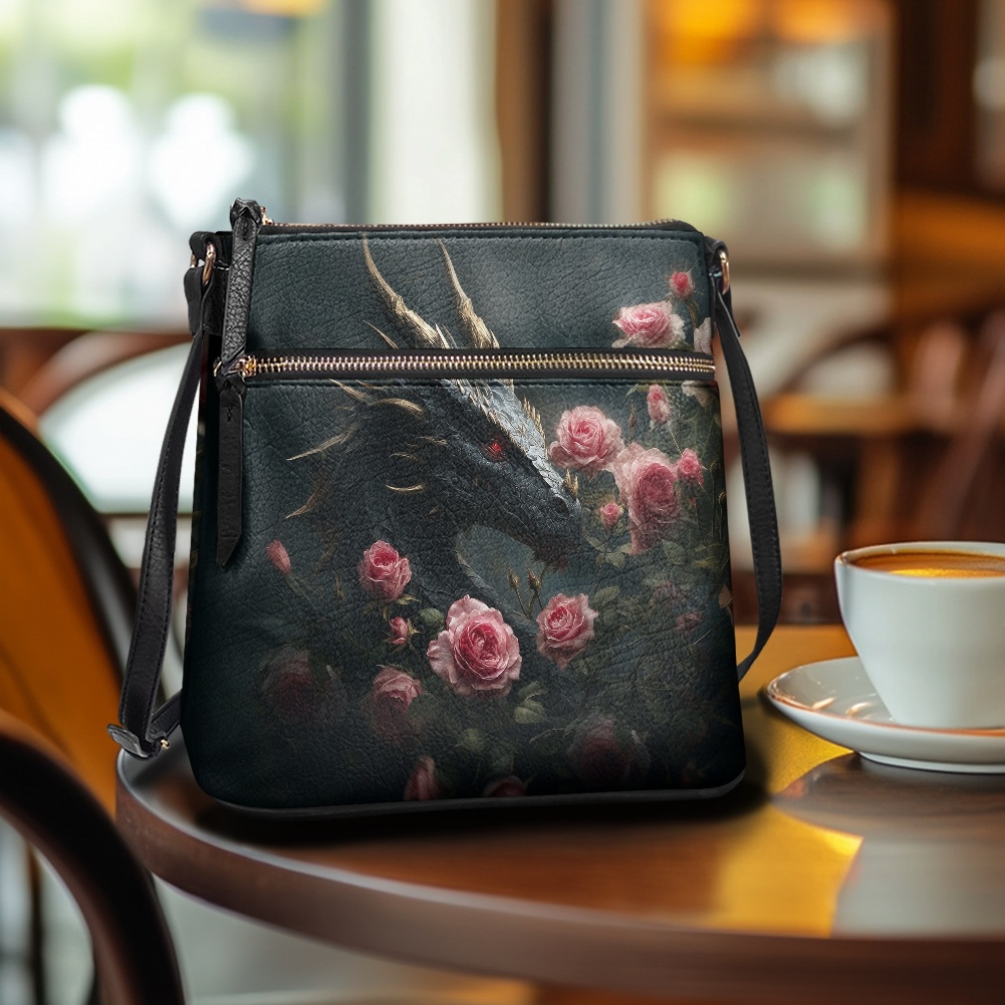 Kuiaobaty Dragon Print Crossbody Bag for Women, Rose Print Leather Shoulder Purse with Adjustable Strap, Zipper Pockets Messenger Handbag Crossbody for Travel, Black