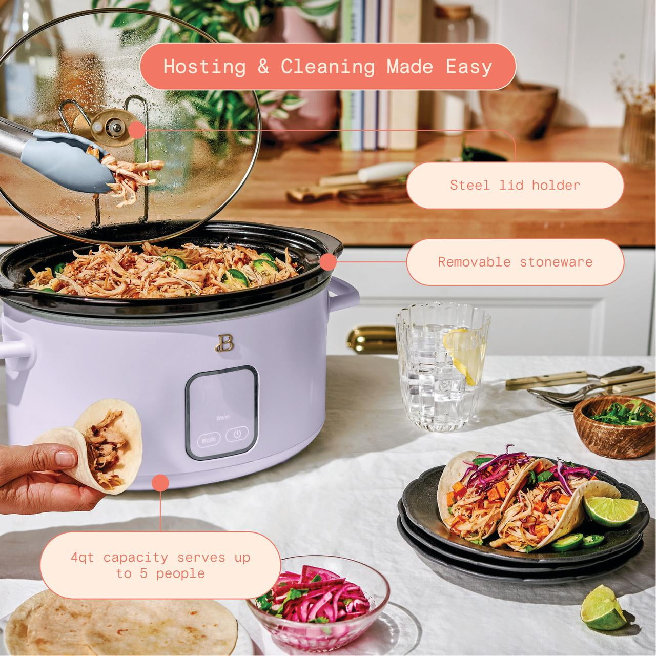 Beautiful 4Qt Slow Cooker with Touch-Activated Display, Lavender by Drew Barrymore