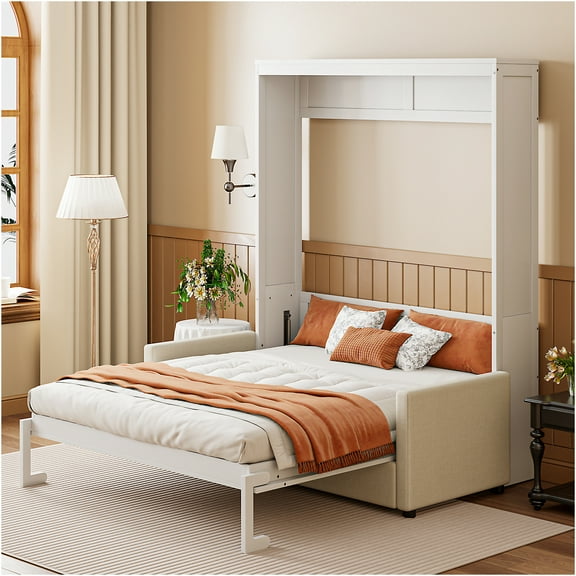 JERFIT White Full Size Murphy Bed with Sofa, Space Saving Wall Bed Cabinet with Storage, Durable MDF and Plywood Frame for Home Office Apartment