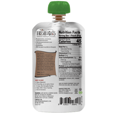 Once Upon A Farm Organic Apple Blueberry Applesauce Pouch, 3.2 Oz.