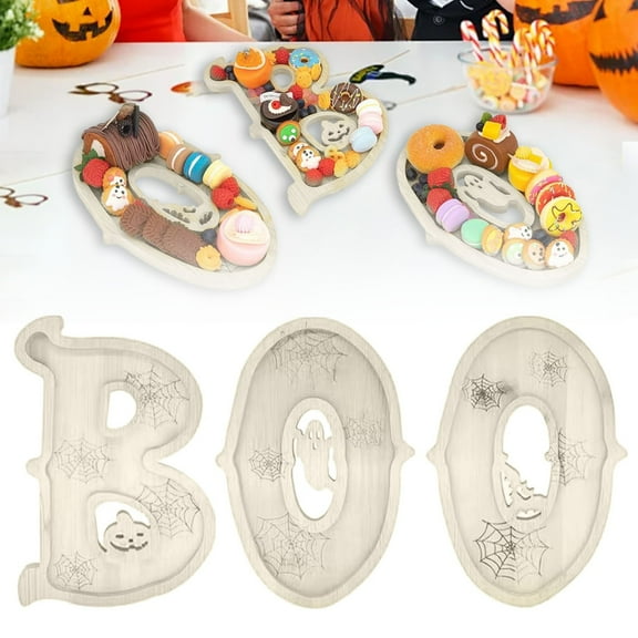 Wooden Halloween Charcuterie Board, BOO Halloween Decorations Serving Tray Fillable Food, Suitable for Indoor Kitchen Table Fireplace Halloween Party Supplies Decoration, 3 Pcs, Multisize