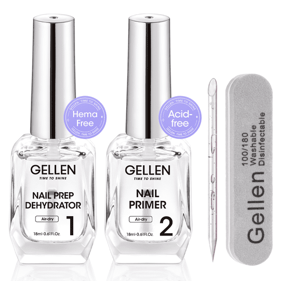 Gellen Nail Dehydrator and Primer Set, 18ML Hema-free Air Dry Nails Prep Dehydrate & Acid-free Bond Primer System Kit for Long Lasting Gel Nail Polish Acrylic Press-ons Nail Art Supplies