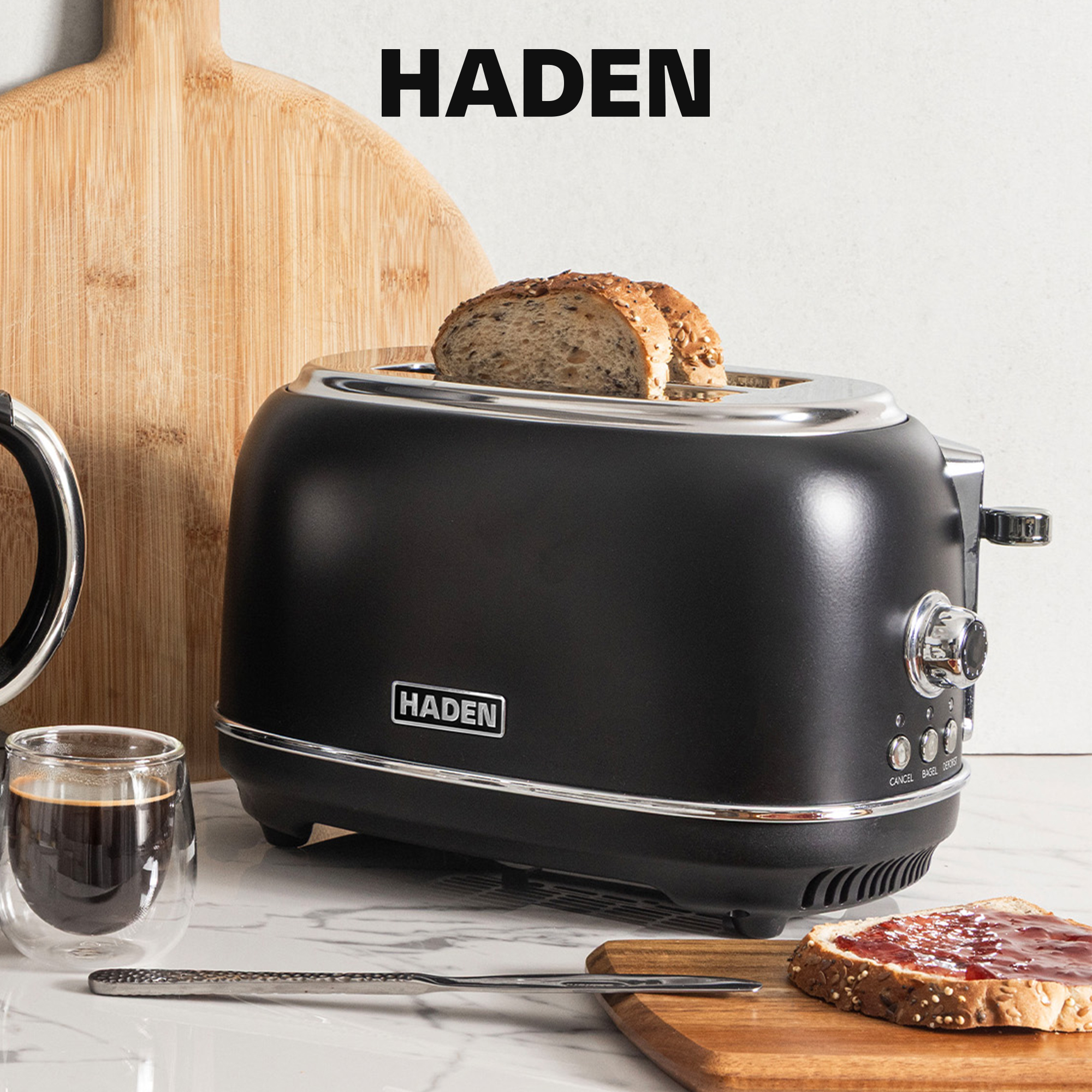 Open Box Haden Heritage 2 Slice Wide Slot Toaster w/Crumb Tray, Black/Chrome