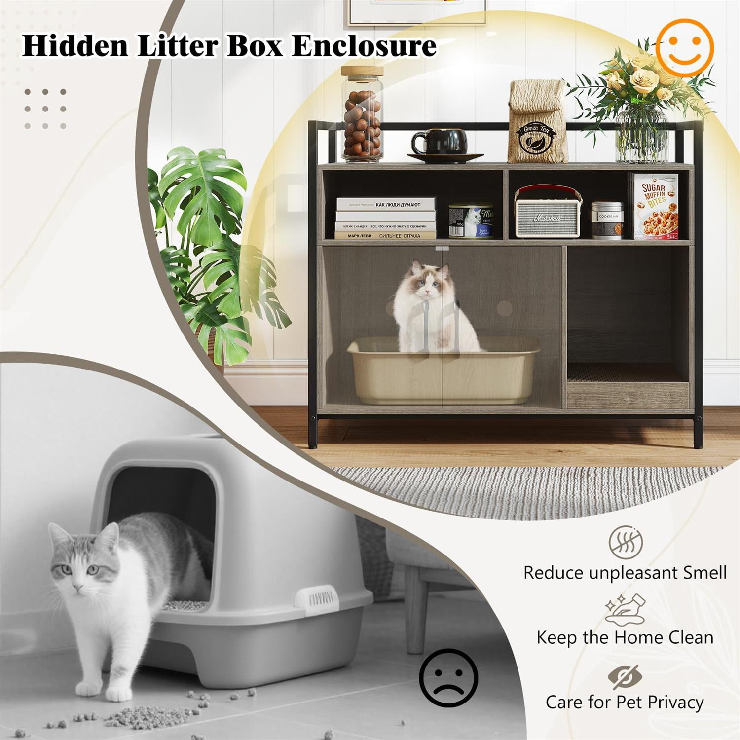 Pefilos Hidden Cat Washroom, Double Doors & Scratch Cardboard, Vent Holes & Anti-Toppling, Oak (Brown)