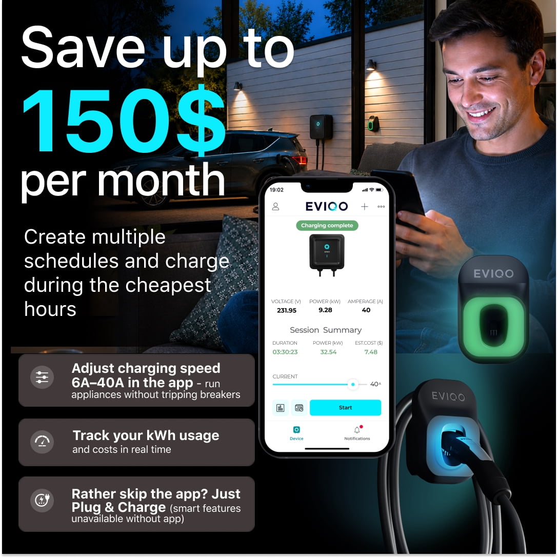 EVIQO NACS Charger for Tesla - 40 Amp 240V Plug-in Level 2 EV Charger w NEMA 14-50 Plug, 25ft Cable, Smart App
