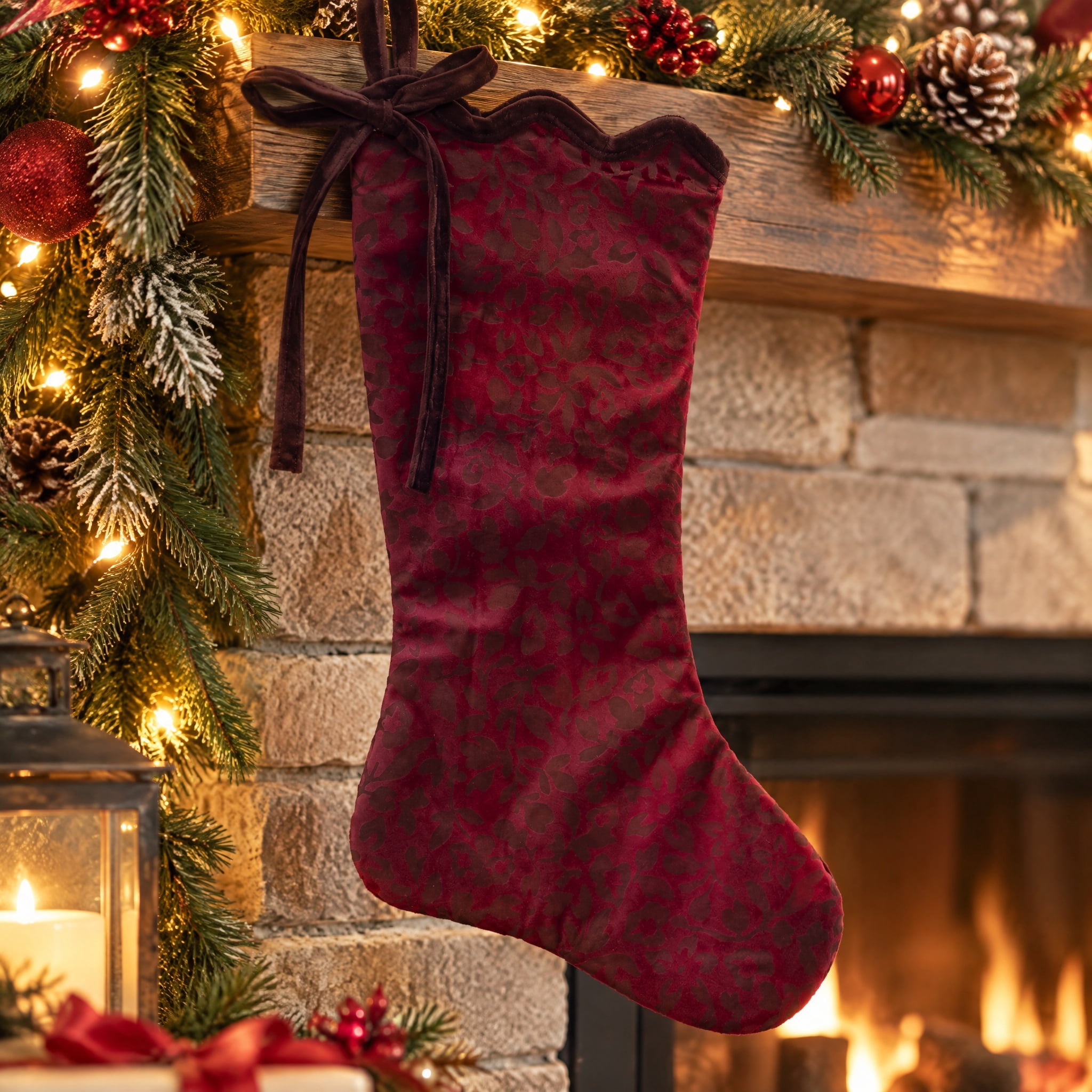 Velvet Floral Christmas Stocking, Burgundy, 20", by Holiday Time