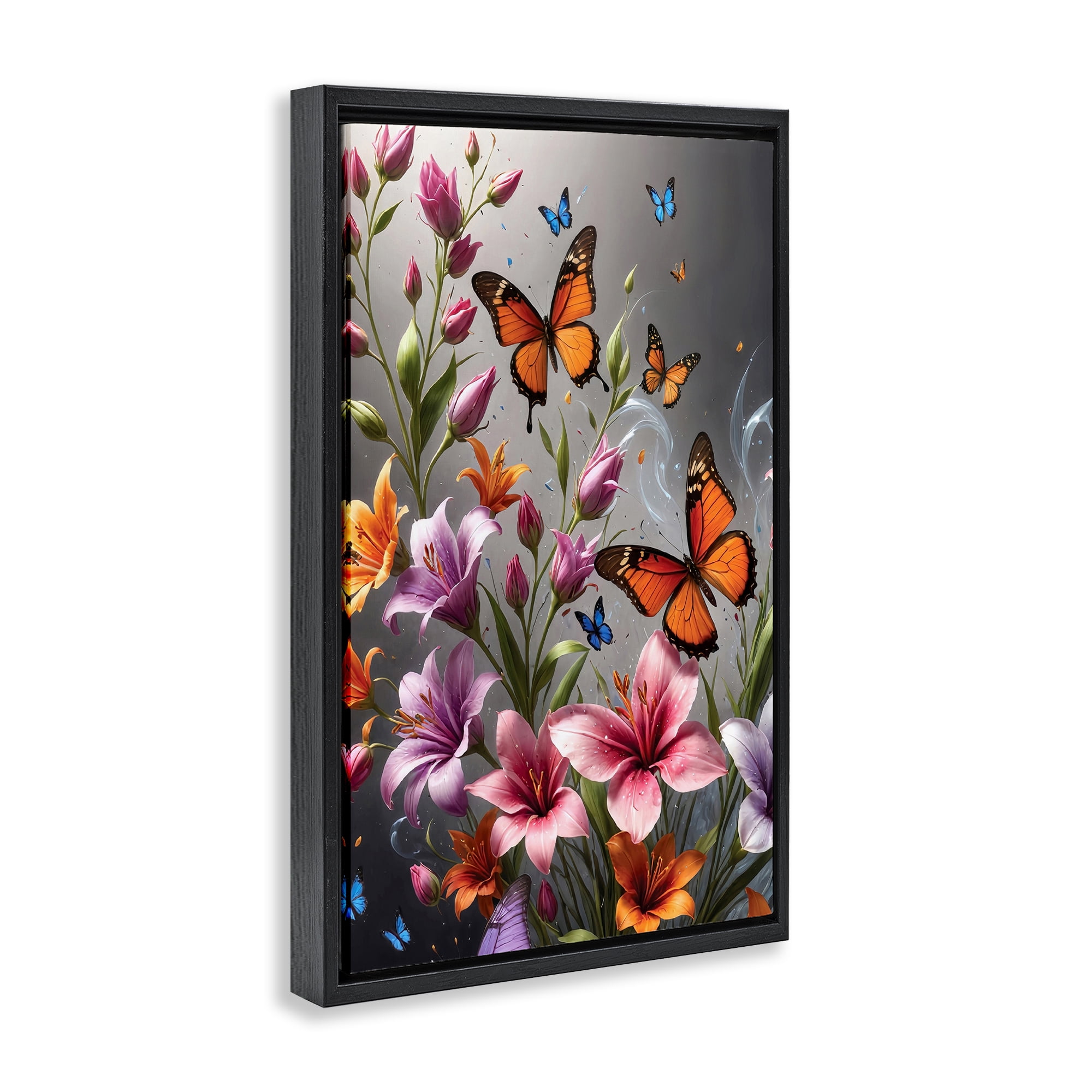 Stupell Industries Monarch Butterflies & Lilies Animals Painting Black Floater Framed Canvas Art Print Wall Art, 21 x 31