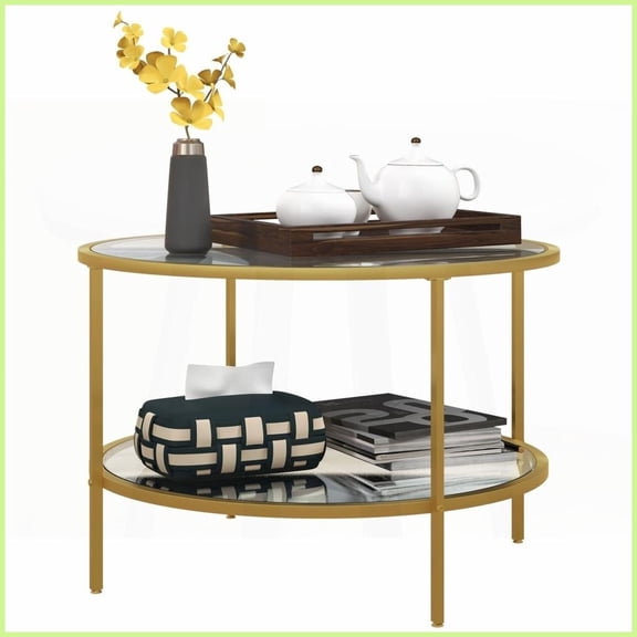 HOMCOM Gold Round Coffee Table with 2-Tier Storage, Tempered Glass & Steel Frame for Living Room, Easy to Clean