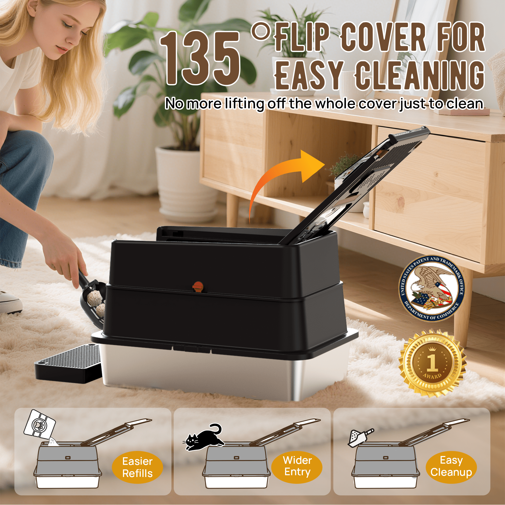 Stainless Steel Litter Box: Enclosed Cat Litter Box with Flip Lid Self Cleaning and High Sided Top Entry Design, XL Extra Large Metal Kitty Litter Pan Tray for Big Cats, Built-In Carbon Filter Pouch