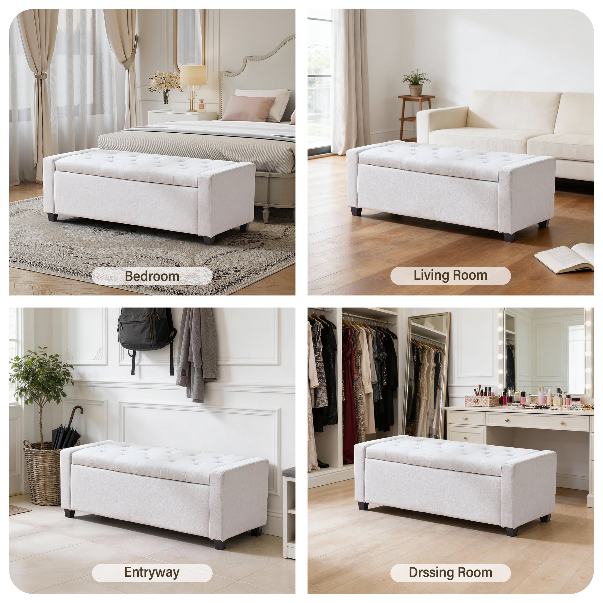 Aukfa 48" Storage Ottoman Bench,Faux Linen End of Bed Bench for Living Room, Bedroom, Entryway,Beige