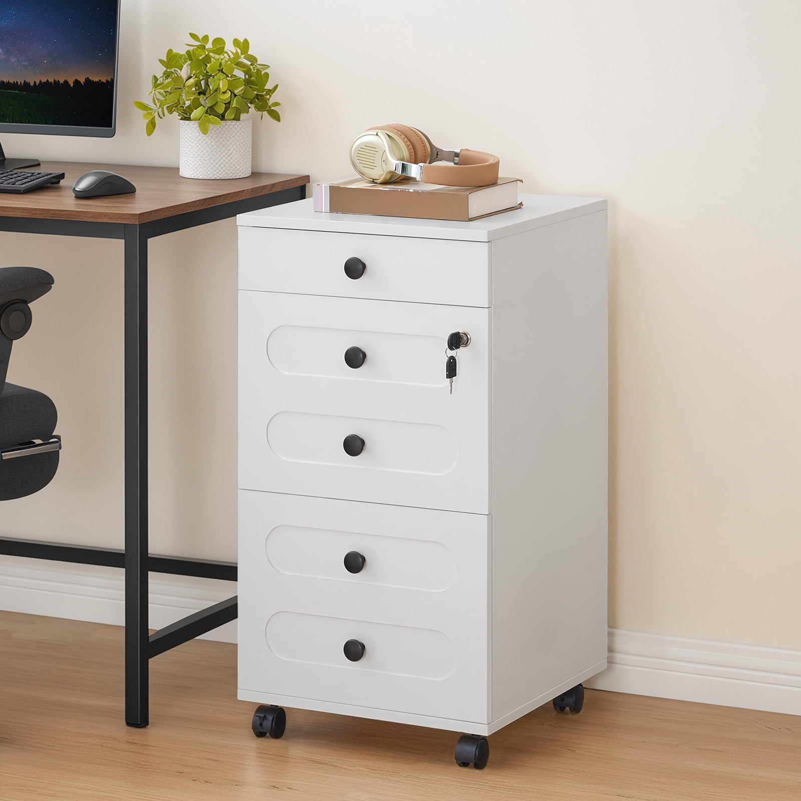 HOOBRO 3 Drawer File Cabinet with Lock, Wooden Farmhouse Office Storage Cabinet, Under Desk Mobile Filing Cabinet fits Letter / A4 Size for Home Office, Modern Rolling Printer Stand, White WT32WJ01