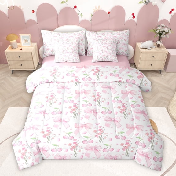 Homewish Pink Rose Flower Twin Bedding Sets 7-Piece for Girls, Princess Cartoon Bowknot Bedding Comforter Set, Plant Botanical Reversible Sheet Sets, Ultra Soft Bedroom Decor