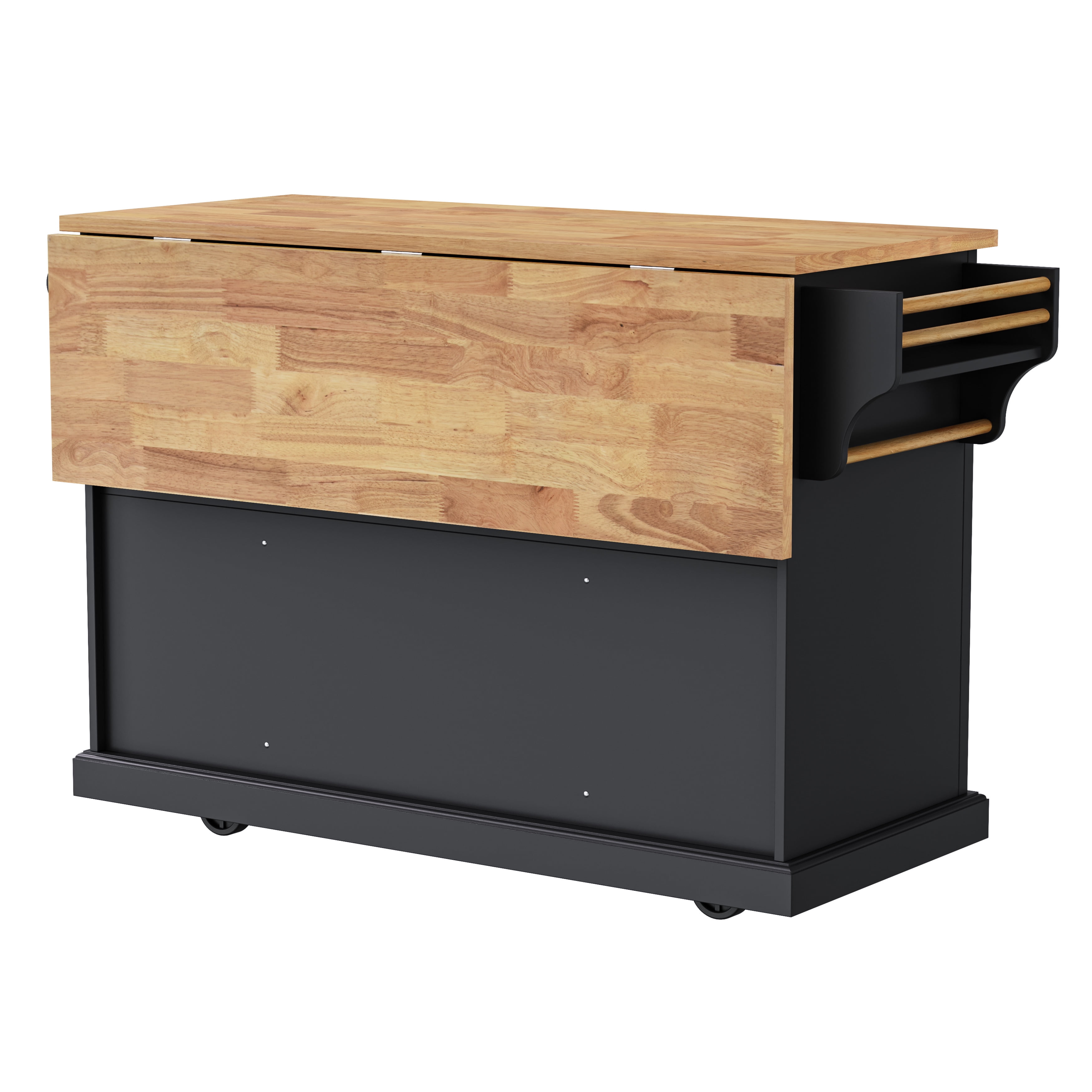 54inch Large Kitchen Island with Rubber Wood Drop Leaf, Embossed Texture Rolling Kitchen Cart on 4 Wheels with 4 Doors and 3 Drawers, Kitchen Island with Storage for Kitchen, Dining Room,Black