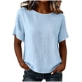 thumbnail image 3 of VBVC Women's Linen Blend Short Sleeve Shirt , Casual Crew Neck Blouse For Women, Ladies' Lightweight Loose Fit Tunic Top,Light Blue,S-2XL, 3 of 7