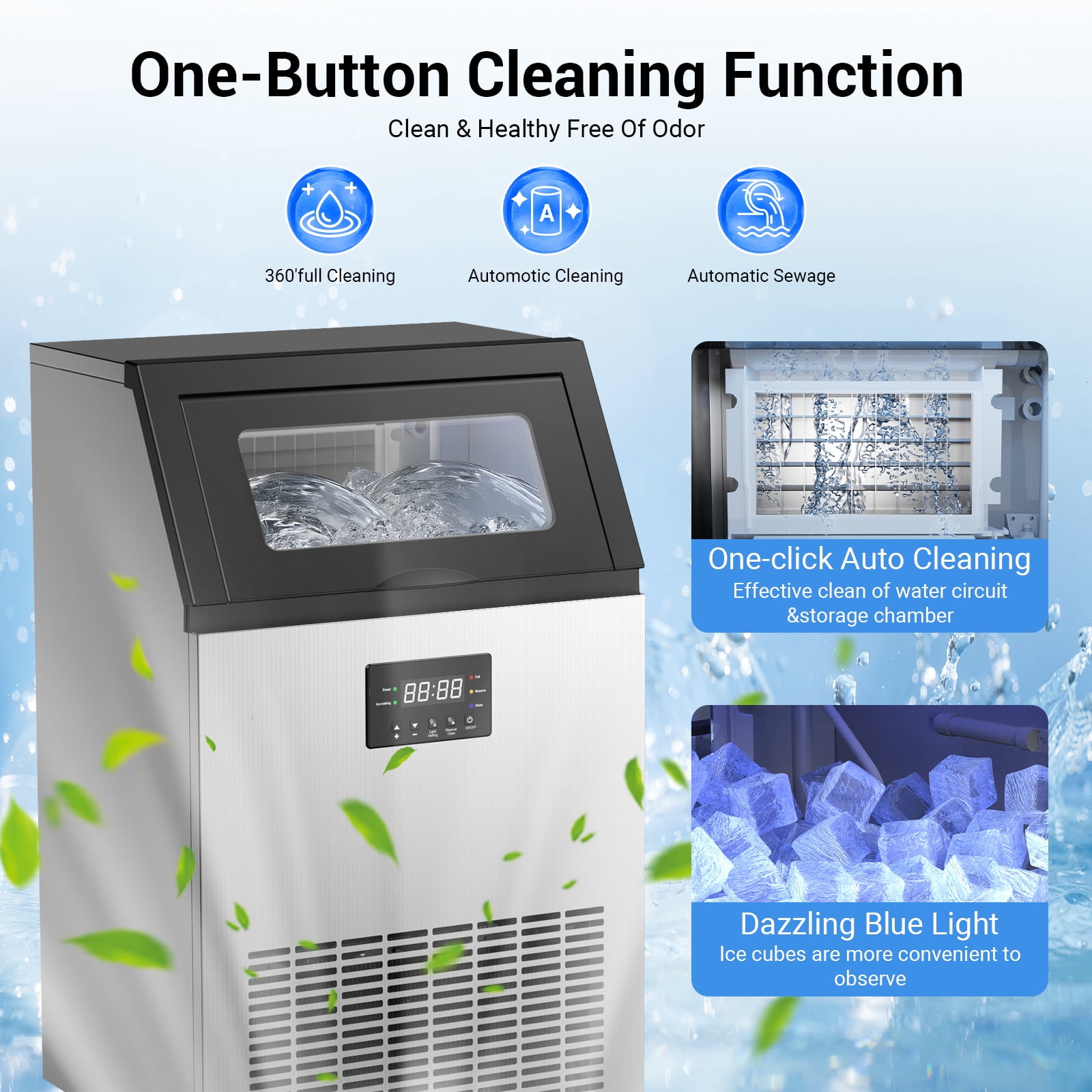 Xutumm ‌Commercial Ice Machine 150LBS/24H,Storage 50LBS, Industrial Ice Maker,Ice Ready in 8-15min,with Self-Cleaning Mode,with Timing Function