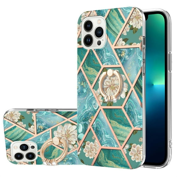 SaniMore for Apple iPhone 14 Pro Case 6.1-inch, Shockproof TPU Fashion Marble Pattern Cover for iPhone 14 Pro Women Men with Ring Kickstand Holder Clear Bumper Protection Cover, Green
