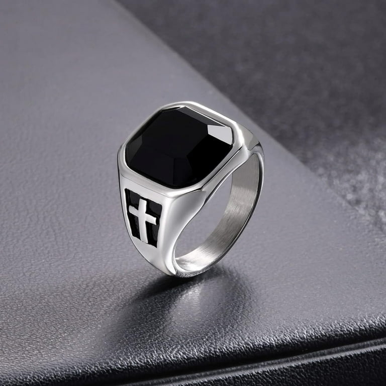 Mens Black Onyx Ring Stainless Steel Square Onyx Logo Ring Men Pink Thumb Ring Band Dad Father Jewelry Gift For Him Anillos De Hombre Christmas Gifts For Men Men Walmart