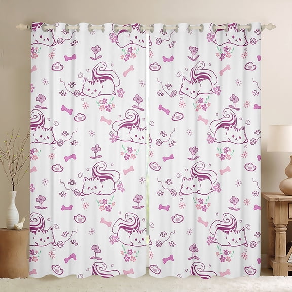 Feelyou Cartoon Cat Kitten Black Out Curtains, Girly Pink Flower Curtains Pack of 2 (42x63 Each), Teens Kids Boys Girls Bedroom Curtains, Window Curtains Home Decor