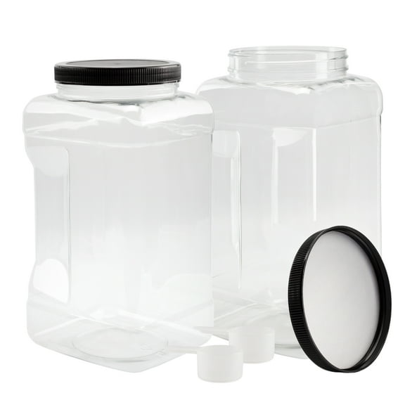Cornucopia Brands Square Gallon Size Clear Plastic Canisters (2-Pack); 4-Quart Jar Grip Containers w/ Plastic Scoops; BPA-Free