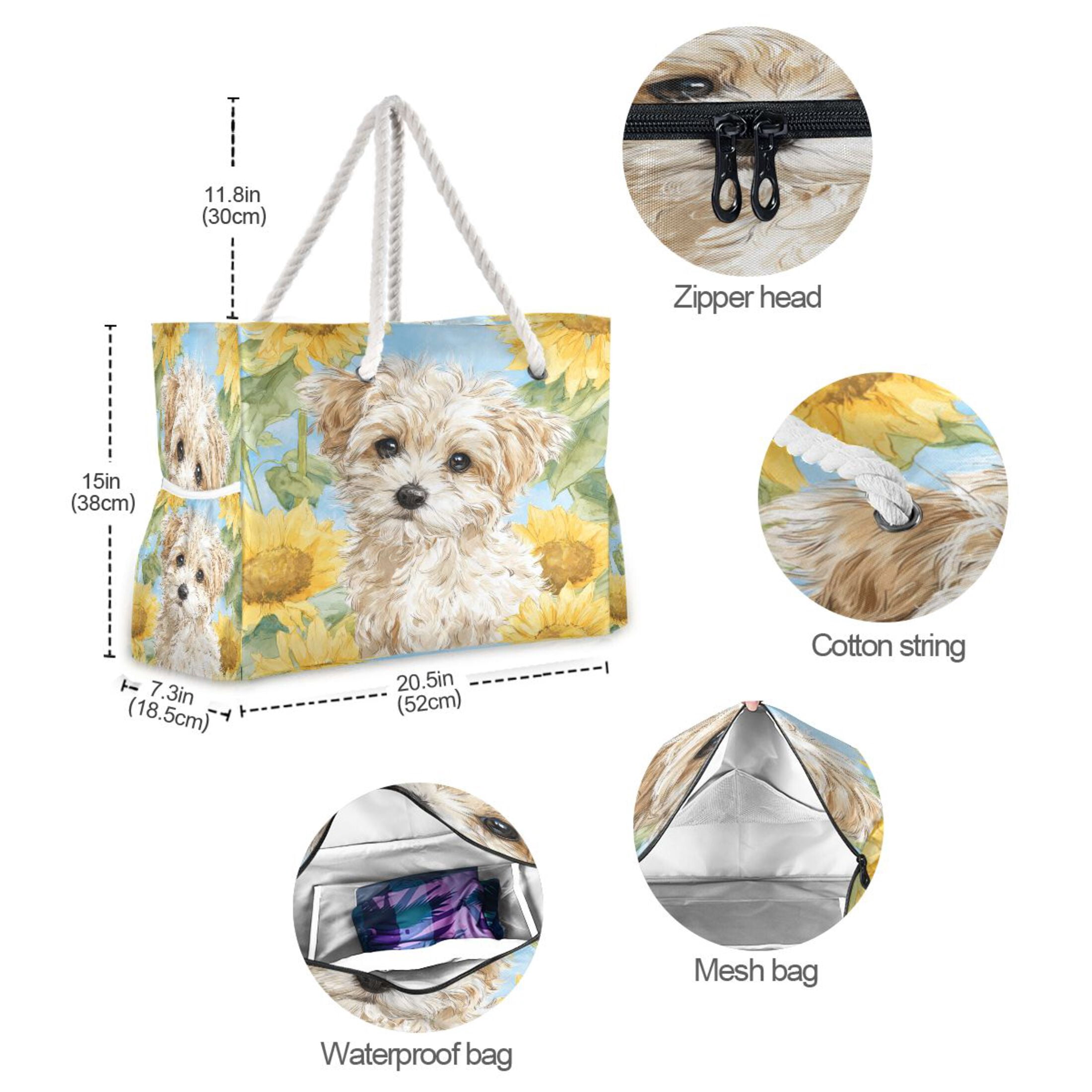 20.5"x15" Large Beach Tote Bag with Rope Handles, Waterproof Nylon, Zipper Closure, Multi-Pockets for Travel, Pool & Daily Use Cute Cream-colored Maltipoo Puppy