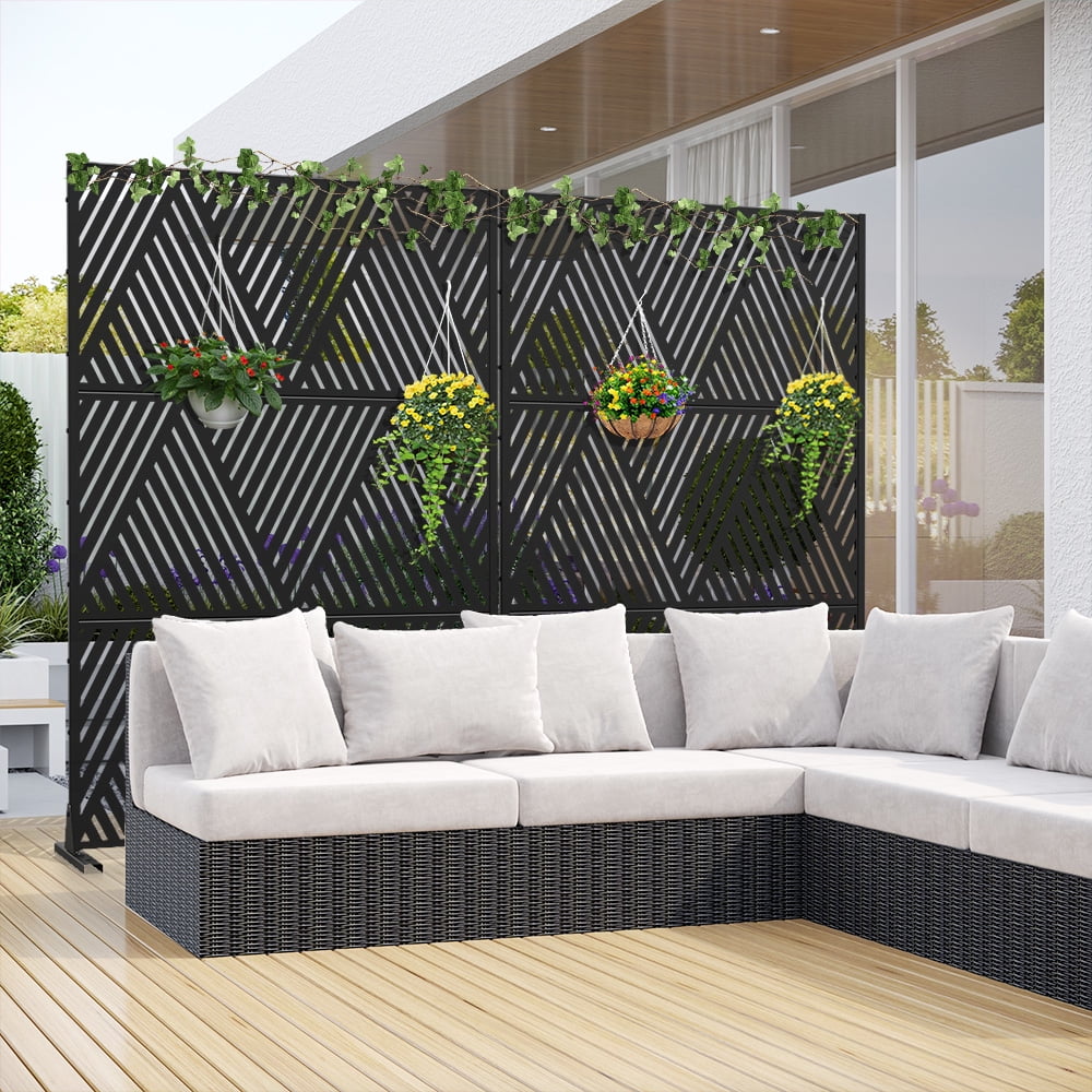 MAYEERTY 72×47" Outdoor Black Metal Privacy Panel Screen for Backyard & Garden, Triangular V-Shaped Pattern
