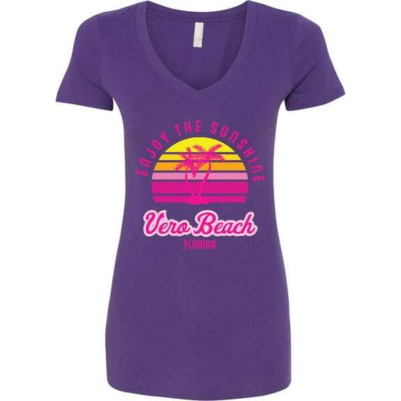 Inktastic Summer Enjoy the Sunshine Vero Beach Florida in Pink Women's V-Neck T-Shirt