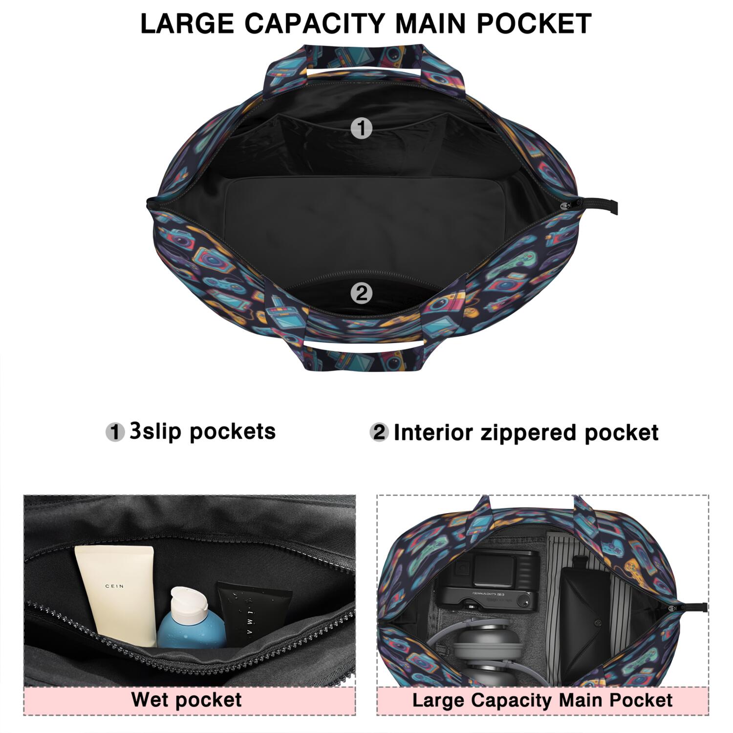 Colorful Games Device Dark Pattern Travel Tote Bags for Women Carry On,Large Weekender Bags for Women Travel,Multi Functional Duffle Bag for Work,Shopping,Sports