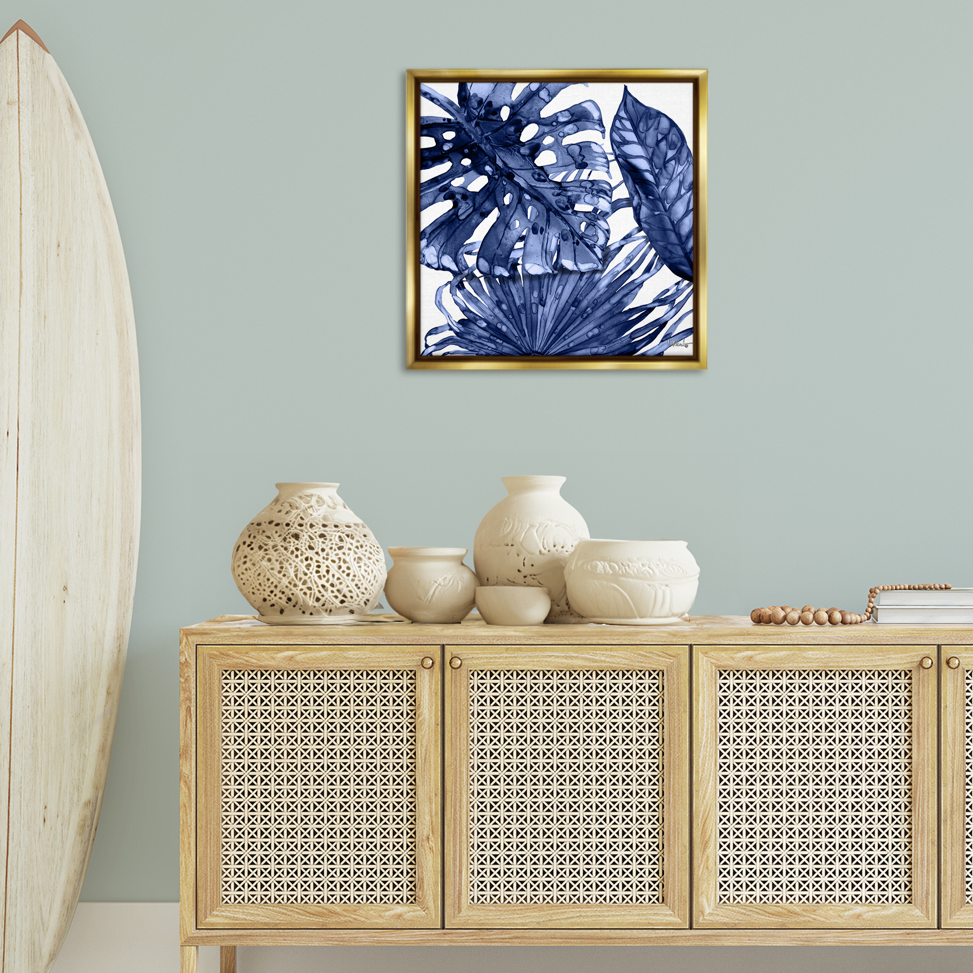 Stupell Industries Blue Hued Palms Botanical & Floral Painting Gold Floater Framed Canvas Art Print Wall Art, 25 x 25