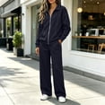 thumbnail image 5 of Women 2 Piece Outfit Set Solid Color Zip up Collared Long Sleeve Top Elastic Waist Wide Leg Pants Loose Casual Tracksuit Loungewear Set with Pockets Dark Blue, 5 of 8
