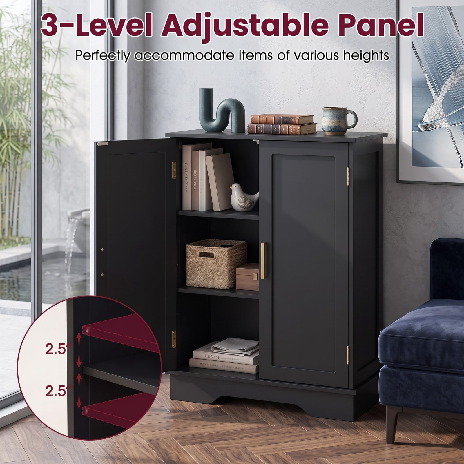 Fenbeli Bathroom Floor Storage Cabinet, Freestanding 2-Door Side Cabinet with Adjustable Shelves and Countertop, Modern MDF Bathroom Organizer for Bathroom, Black