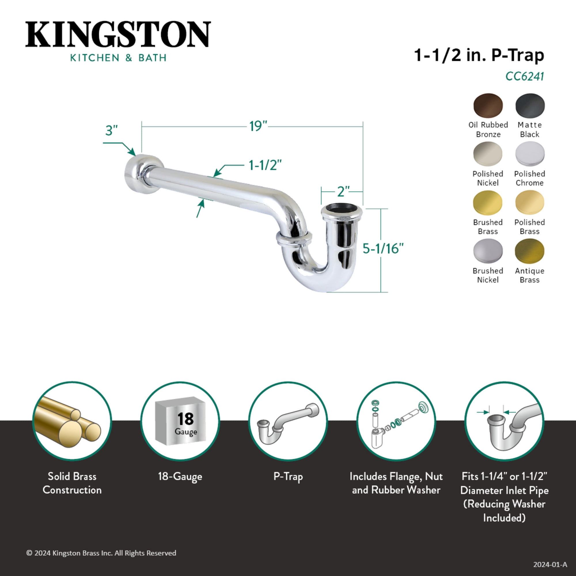 Kingston Brass CC6245 1-1/4" (or 1-1/2") x 1-1/2" P-Trap with Box Flange, 19" Length, 18 Gauge, Oil Rubbed Bronze