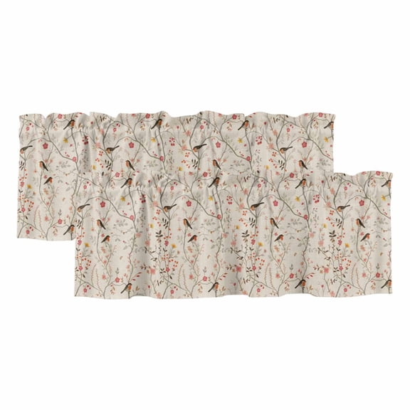 Flowers Birds Valances for Windows, Decorative Rod Pocket Window Valance Curtains, Country Retro Botanical Floral Branches Short Curtain Drapes for Kitchen/Living Room, 2 Panels, 42" W x 12" L