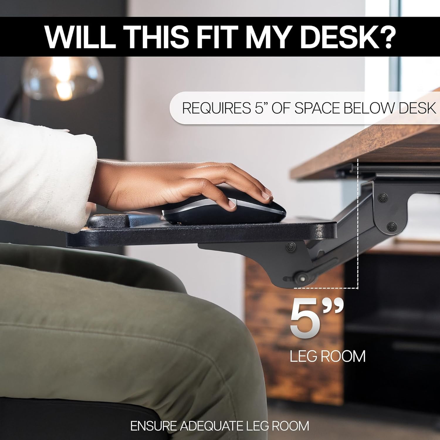 Adjustable Under Desk Keyboard and Mouse Tray - Ergonomic Slide-Out Drawer with 5-Inch Height Adjustment for Office Workstations - Black