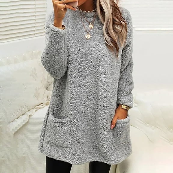 Homenesgenics Womens Tops under $5 Women's Round-Neck and Winter Loose Solid Pocket Warm Long Sleeve Blouse Tops Gray XXXL