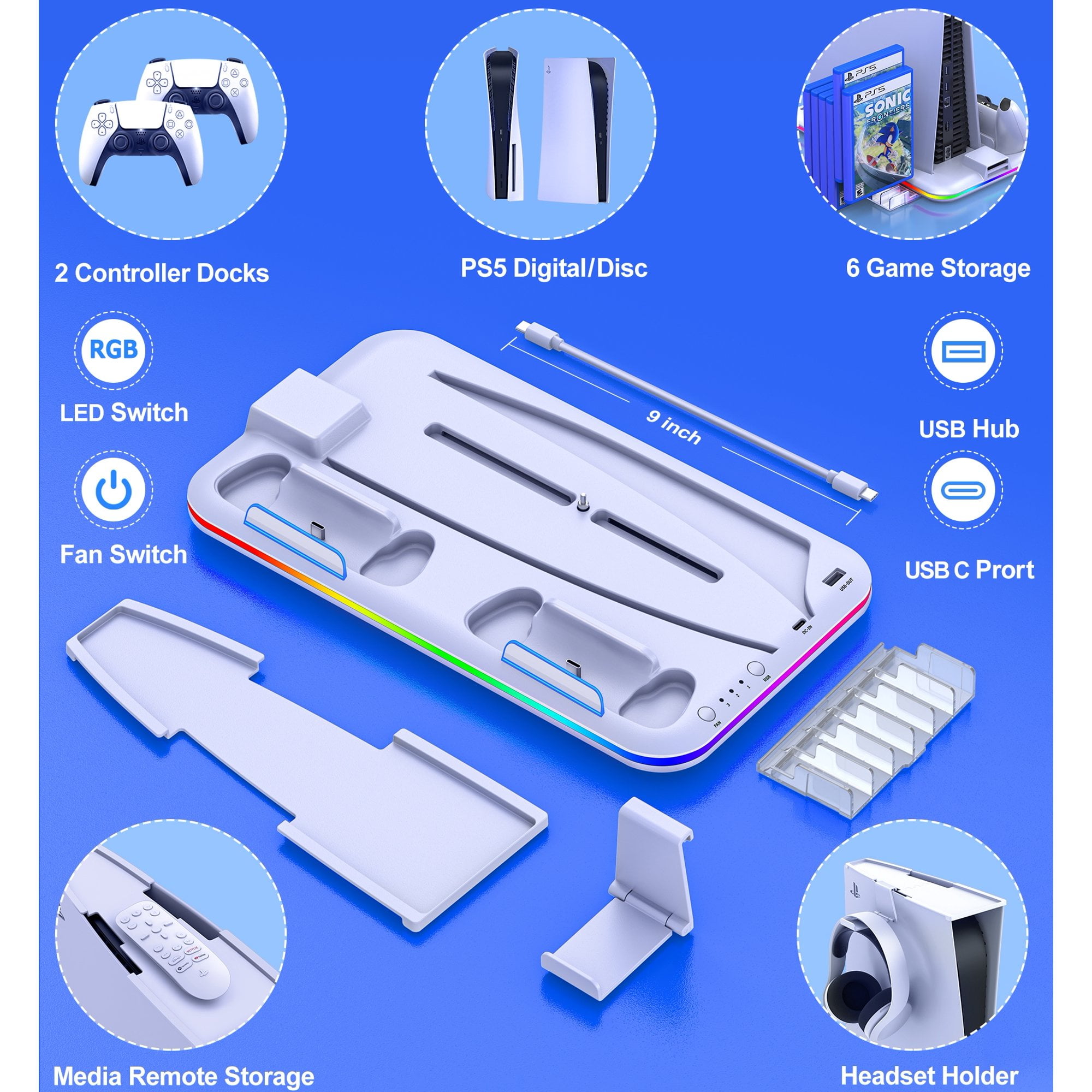  EUROA Stand Cooling Fan with Controller Charging Station for  Playstation 5, Cooling Station Accessories for PS5 Console Digital&Disc  Edition, Docking Station for PS5, Headset Holder, 11 Slots-White : Video  Games